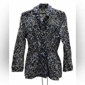 Women’s Navy and White Printed Eyelet Button-Front Drawstring Jacket  W/Pockets